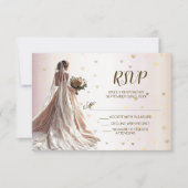 バラ冬の結婚式の花嫁ゴールデンシャイニーハート 出欠カード (正面)