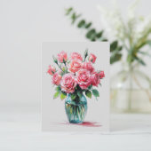 バラ咲く花束花瓶の花スケッチアート ポストカード (スタンド正面)