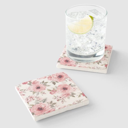 バラ園のピンクの水彩花柄ボタニカル ストーンコースター (横)