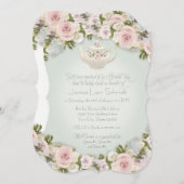 バラ多汁葉茶パーティー赤面ブライダルシャワー 招待状 (正面/裏面)