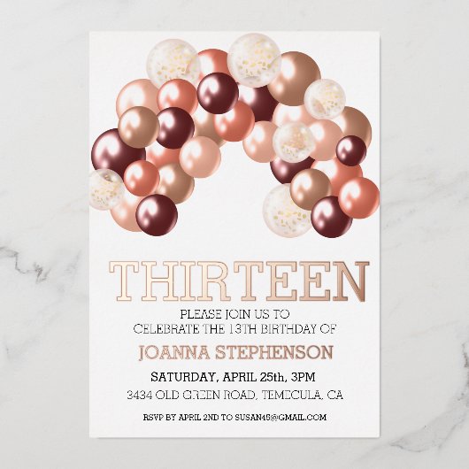 バラ実在金ゴールドフォイル13th任意の年バルーンアーチ 箔招待状 (正面)