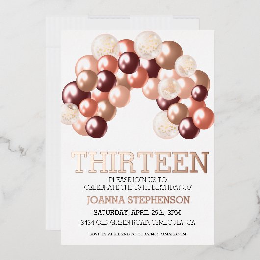 バラ実在金ゴールドフォイル13th任意の年バルーンアーチ 箔招待状 (封筒)