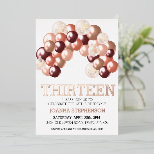 バラ実在金ゴールドフォイル13th任意の年バルーンアーチ 箔招待状 (立ち正面)