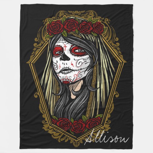 バラ枠の死んだスカルの装飾日 フリースブランケット (正面)