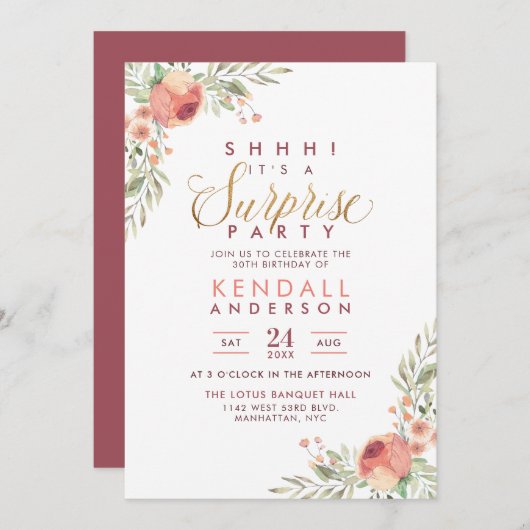 バラ水彩フローラサプライズ誕生日パーティー 招待状 (正面/裏面)