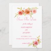 バラ水彩フローラ結婚式の日付を保存 招待状 (正面/裏面)