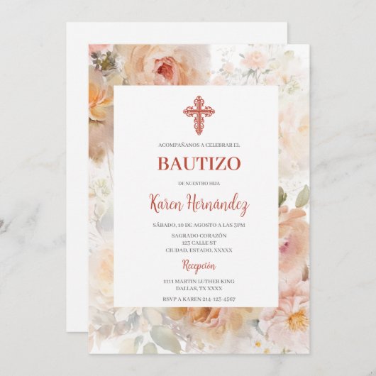 バラ水彩洗礼スペインの招待状 招待状 (正面/裏面)