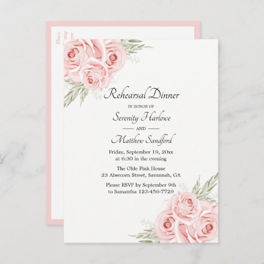 バラ水彩赤面ピンクフローラリハーサルディナー インビテーションポストカード (正面/裏面)