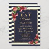 バラ海軍ストライプ金ゴールド婚約パーティ 招待状 (正面/裏面)