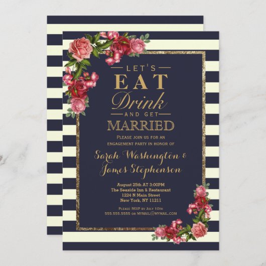 バラ海軍ストライプ金ゴールド婚約パーティ 招待状 (正面/裏面)