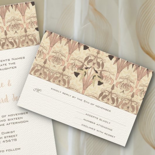 バラ淡い色のアールヌーボーハミングバーズウェディングRSVP Ca 出欠カード