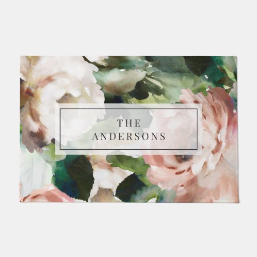 バラ牡丹フローラと葉ユーカリスタイリッシュ ドアマット (正面)