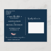 バラ牡丹フローラブルー結婚ピンク救の日付 案内ポストカード (裏面)