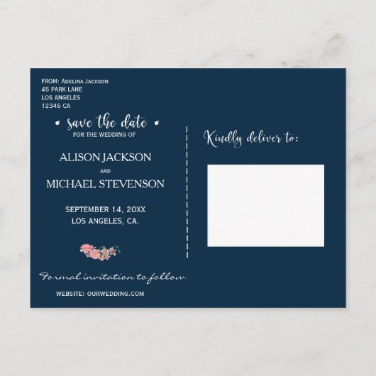 バラ牡丹フローラブルー結婚ピンク救の日付 案内ポストカード (裏面)