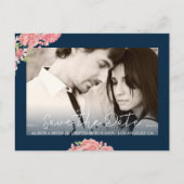 バラ牡丹フローラブルー結婚ピンク救の日付 案内ポストカード (正面)