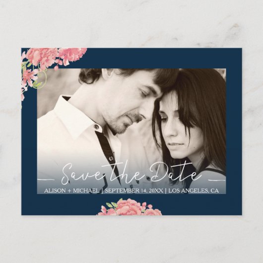 バラ牡丹フローラブルー結婚ピンク救の日付 案内ポストカード (正面)