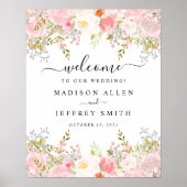 バラ牡丹赤面ピンク結婚フローラのウェルカムサイン ポスター (正面)