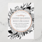 バラ白黒の水彩フローラ 箔招待状 (正面)