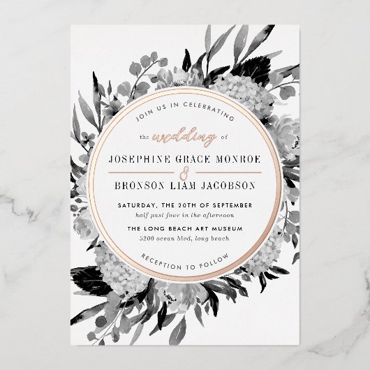 バラ白黒の水彩フローラ 箔招待状 (正面)