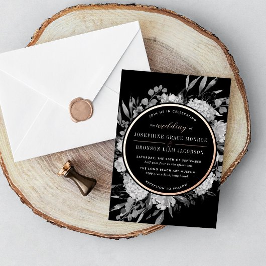 バラ白黒ウォーター色フローラ結婚ズフォイ 箔招待状