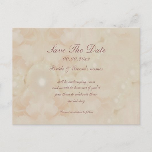 バラ真珠ピンク日付招待状を保存 案内ポストカード (正面)