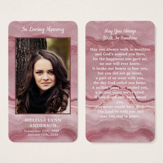 バラ石英記念写真葬式祈りの言葉カード (正面&裏面)