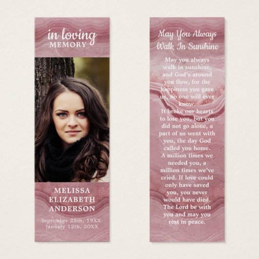 バラ石英記念祈りの言葉葬祭詩ブックマーク (正面&裏面)