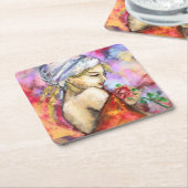バラ紙コースター付き女性 スクエアペーパーコースター (アングル)