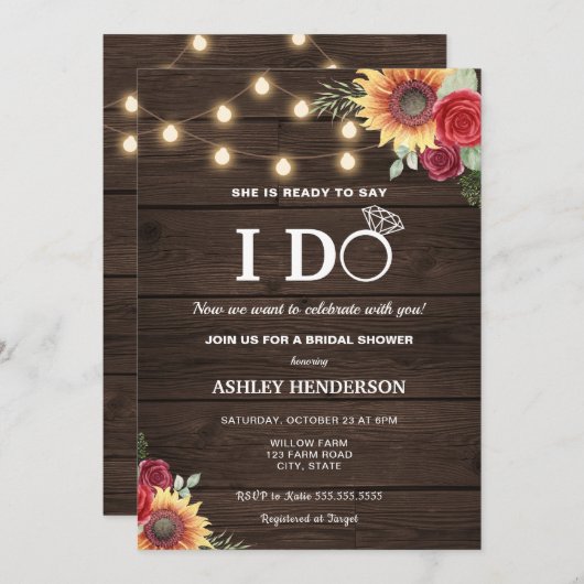 バラ素朴とヒマワリブライダルシャワー 招待状 (正面/裏面)