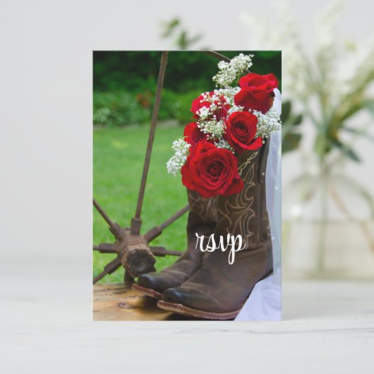 バラ素朴カウボーイブーツカントリーウェディングRSVP 出欠カード (スタンド正面)