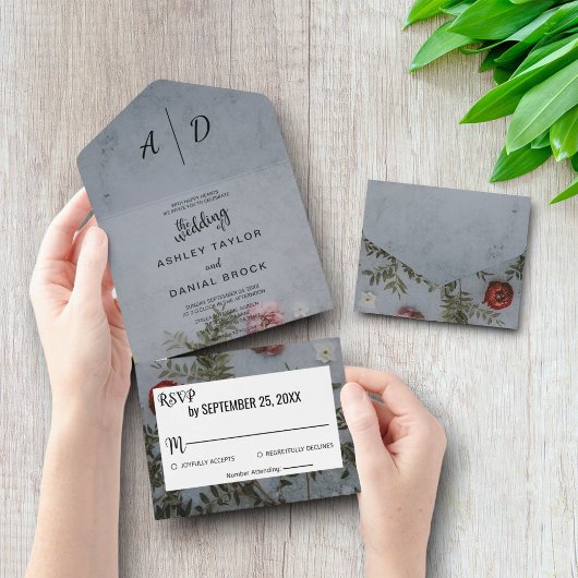 バラ素朴シックフローラすべて1つの結婚式の招待 オールインワン招待状