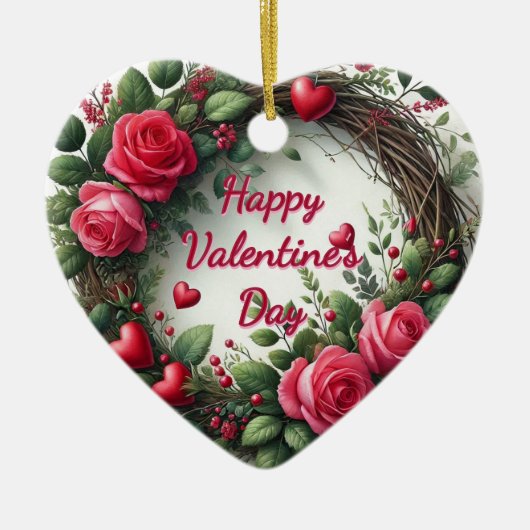 バラ素朴バレンタインデーハートシェイプオーナメント セラミックオーナメント (正面)