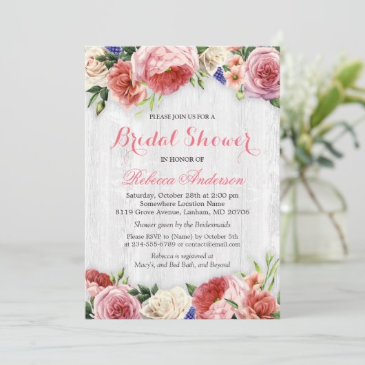 バラ素朴フローラシックホワイトウッドブライダルシャワー 招待状 (スタンド正面)