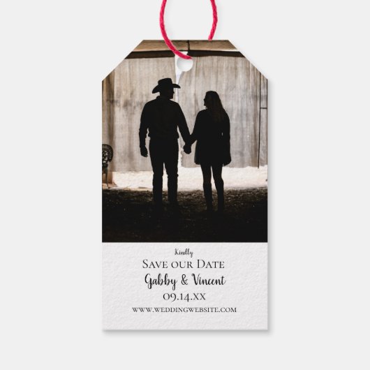 バラ素朴ブーツ西ウェディング日付を保存 ギフトタグ (裏面)