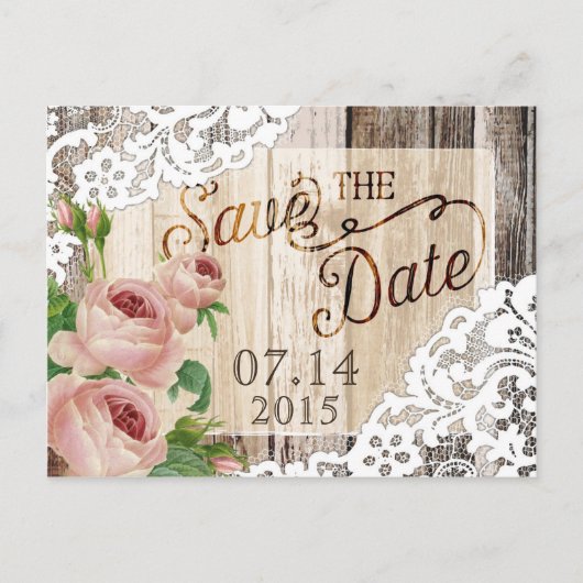 バラ素朴木材の板とレース日付を保存 案内ポストカード (正面)