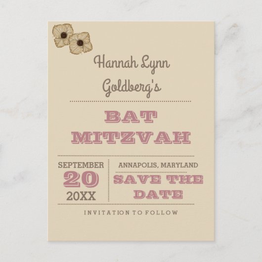 バラ素朴金ゴールドバルミツワー日付を保存 案内ポストカード (正面)