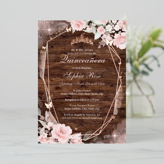 バラ素朴金ゴールドピンクバタフライフローラキンセアニェラ 箔招待状 (立ち正面)