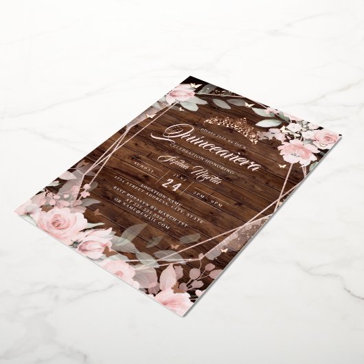 バラ素朴金ゴールドフローラバタフライキンセアニェラ 箔招待状 (回転した状態)