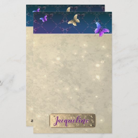 バラ紫色の蝶と名前 便箋 (正面/裏面)