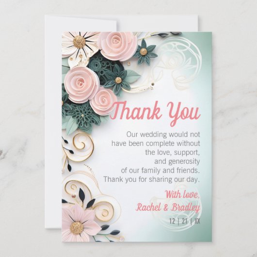 バラ結婚の紙クイルミネラルグリカスタマイズン サンキューカード (正面)