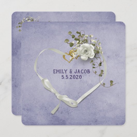 バラ結婚の花束を持つハートリボンとリング 招待状 (正面/裏面)