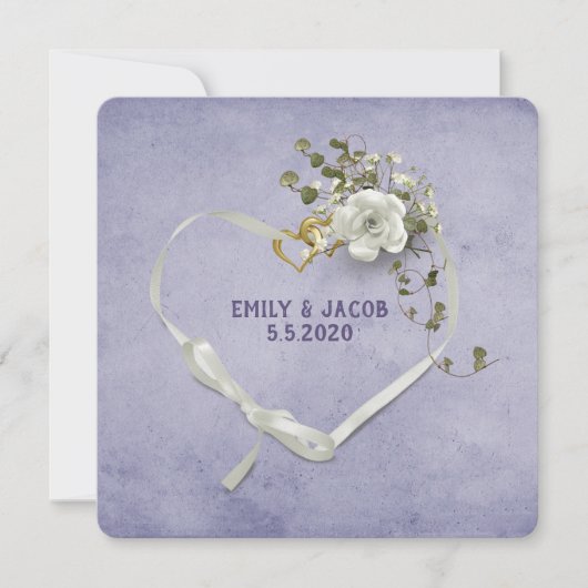 バラ結婚の花束を持つハートリボンとリング 招待状 (正面)