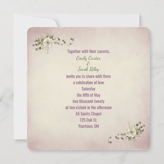 バラ結婚の花束を持つハートリボンとリング 招待状 (裏面)