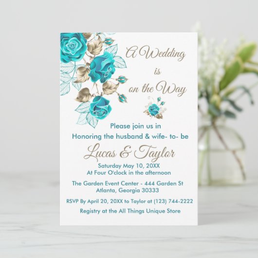 バラ結婚式招待状とターコイズおよび金ゴールド 招待状 (スタンド正面)