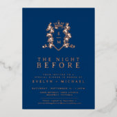 バラ結婚金ゴールドブルーモノグラムの前の夜 箔招待状 (正面)