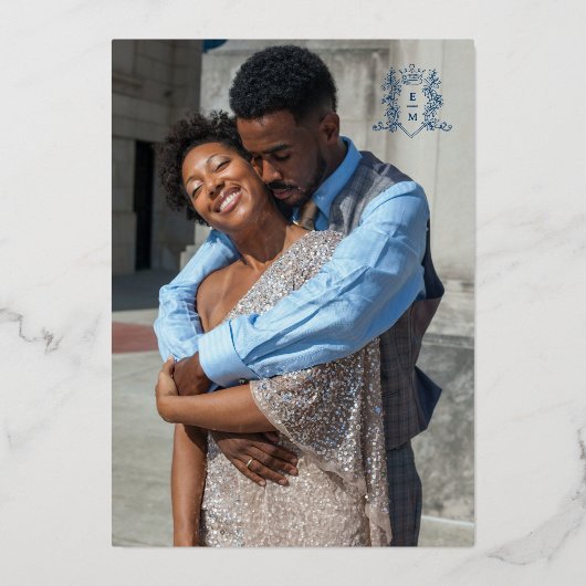 バラ結婚金ゴールドブルーモノグラムの前の夜 箔招待状 (裏面)