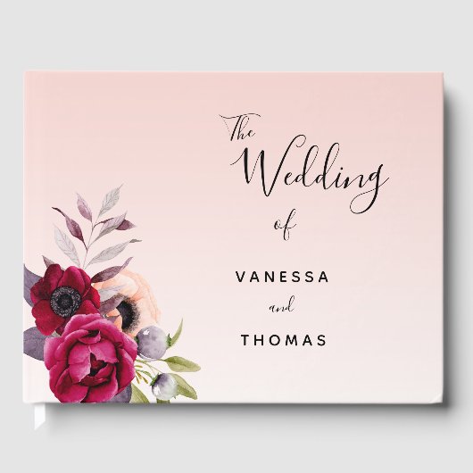 バラ結婚金ゴールド赤面ピンクブルゴーニュ花模様 ゲストブック (正面)