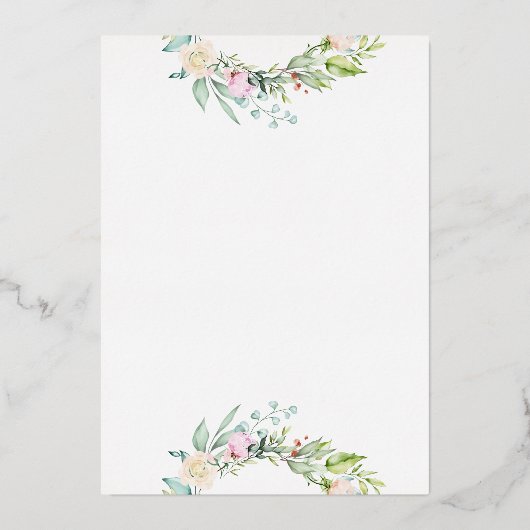 バラ緑のフローラ結婚のモノグラム金ゴールド 箔招待状 (裏面)