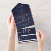 バラ縁ど金ゴールドネイビーブルー結婚スクリプト オールインワン招待状 (貼ってはがせる)