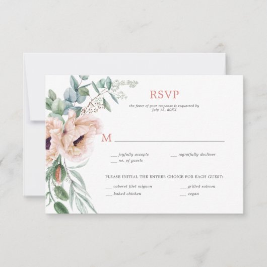 バラ色とアイボリーのケシの花、ユーカリ、グリーン 出欠カード (正面)